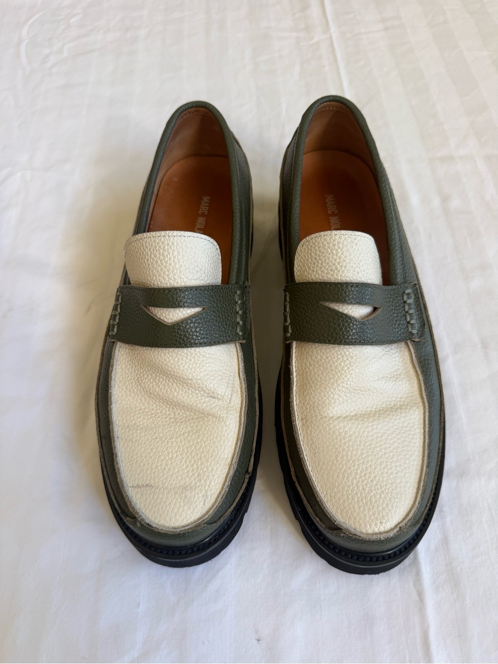Men's Two-Tone White and Olive Green Penny Loafers